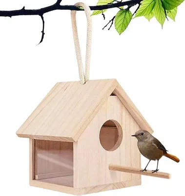Immagine prodotto di Casetta per uccelli in legno, trasparente, da appendere all'esterno, ideale per terrazzi e giardini, dimensioni 14*14*13 cm