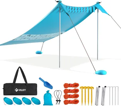 Produktbild von Sonnensegel 2 m x 2,4 m, UPF50+ UV-Schutz, Strandzelt aus Elasthan für 3 Personen, Strandsonnenschirm mit Sandsack und 2 Stützen, geeignet für Picknick, Angeln usw