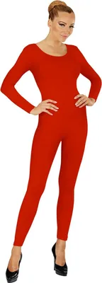 A woman is posing in a full-body red bodysuit.