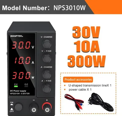 Obrázek produktu pro Laboratorní napájecí zdroj DC - NPS3010W - regulovatelný 0–30V, 0–10A - 3-čílicový LED displej - stolní napájecí zdroj pro laboratoř