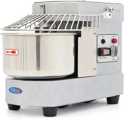 A close-up studio shot of a silver dough mixer.
