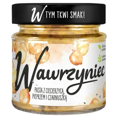 A jar of chickpea paste with illustrations of chickpeas and seeds.