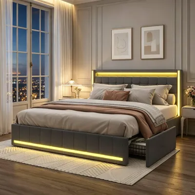 Zdjęcie produktu dla Łóżko INONEFT, wymiar 140x200 cm, z pojemnikiem, tapicerowane łóżko z oświetleniem LED, z portami typu C i USB, łóżko młodzieżowe z 4 szufladami, tkanina lniana, kolor ciemnoszary