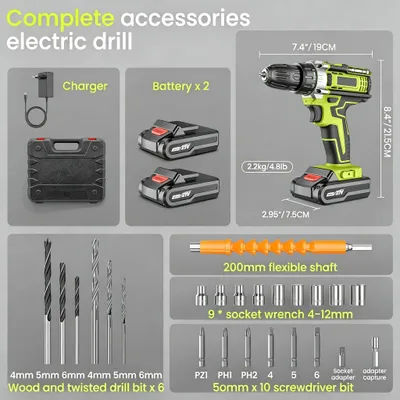 Image de Perceuse-visseuse sans fil - Coffret A - Perceuse-visseuse - 21 V - 45 Nm - 2 batteries - 1350 tr/min - Moteur à balais - Coffret à outils