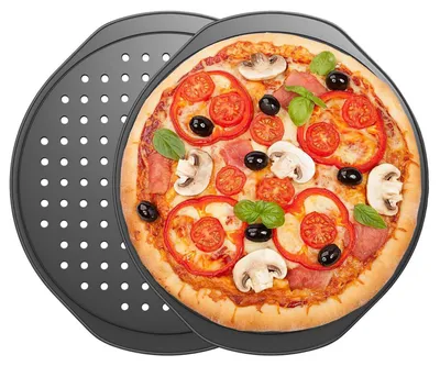 Obrázok produktu pre Plech na pizzu, kruhový, s otvormi, priemer 33 cm, z uhlíkovej ocele, s nepriľnavým povrchom, 2-dielna sada