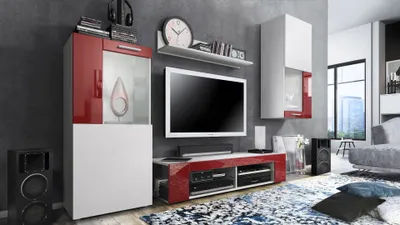 Produktbild von Vladon Wohnwand Movie, Anbauwand bestehend aus 1 TV-Board, 2 Vitrinen und 1 Regal, Weiß matt/Weiß matt/Bordeaux Hochglanz (Gesamt: 300 x 190 x 39 cm)