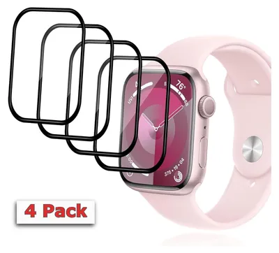 Four black screen protectors are arranged in front of a pink Apple Watch.