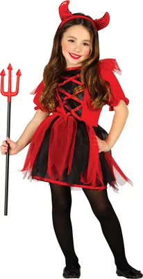 Obrázok produktu pre Démonický detský kostým Halloween červené šaty čelenka do vlasov diabolské rohy tmavé, veľkosť: 110/116 farba: červená