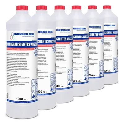 Produktbild von Ravensberger Chemie VE-Wasser – demineralisiert & entionisiert, kalkfrei für Auto, Batterie, Haushalt, Dampfbügeleisen und Labor - 6 x 1 Liter