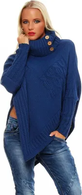 Produktbild von 30-01 Mississhop Damen Poncho Strick Pullover weiche Strickjacke Cape Umhang Überwurf One Size Jeansblau
