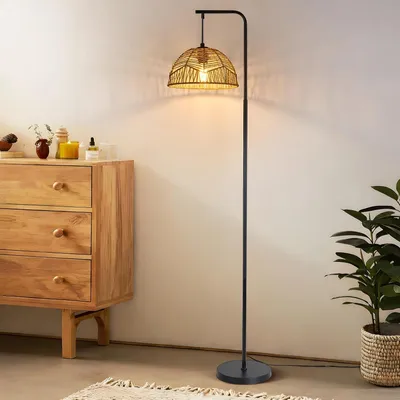 Produktbild von ZMH Stehlampe Boho Stehleuchte Wohnzimmer Standlampe Seil Schirm Standleuchte Schwarz  mit Fußschalter E27 164cm Hoch Für Schlafzimmer Esszimmer