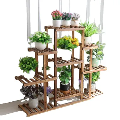 Image de Support pour plantes, design à plusieurs niveaux, bois carbonisé