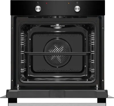 An open black built-in oven with a silver control knob and indicator lights at the top.