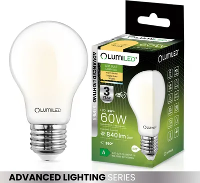 Obrázok produktu pre LED žiarovka LUMILED A60 E27, 4 W (nahrádza 60 W), 840 lúmenov, teplá biela žiarovka 3000 K, nestmievateľná, sklenená, 360° uhol vyžarovania úsporných žiaroviek