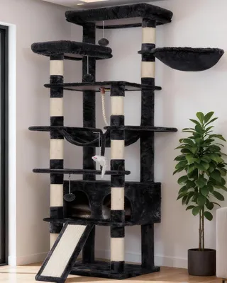Image de Arbre à chat avec griffoir, hauteur 200 cm, comprenant 11 poteaux en sisal, des paniers et un espace de repos confortable, de couleur gris clair