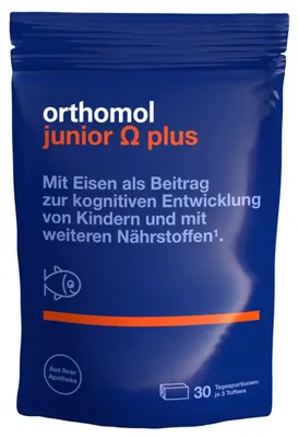 Produktbild von Orthomol junior Omega plus - mit Eisen als Beitrag zur normalen kognitiven Entwicklung von Kindern - mit Omega-3-Fettsäuren, Zink und B-Vitaminen, 30 St. Tagesportionen
