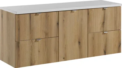 Produktbild von Badezimmerschrank 140 Cm Mit Arbeitsplatte Und Wäschekorb, Eiche Und Weiß Matt