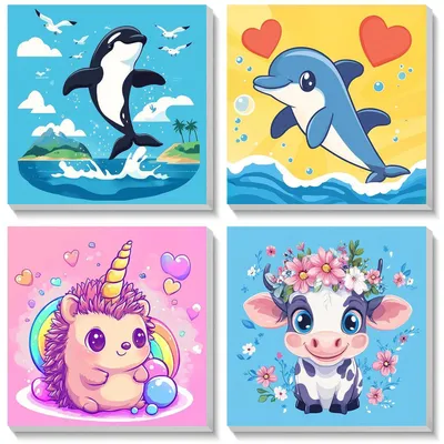 Image de Kit de peinture par numéros pour enfants, 4 animaux avec cadre, 20x20 cm