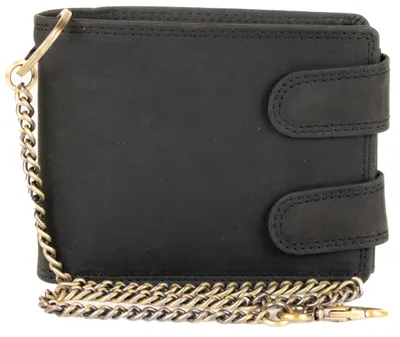 Produktbild von Biker Geldbörse aus Leder mit Kette Vintage Stil mit Kette Druckknopf Verschluss (Schwarz)