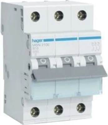 A close-up studio shot of a white electrical circuit breaker with gray levers and blue accents.