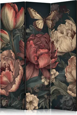 A three-panel room divider with a floral illustration.