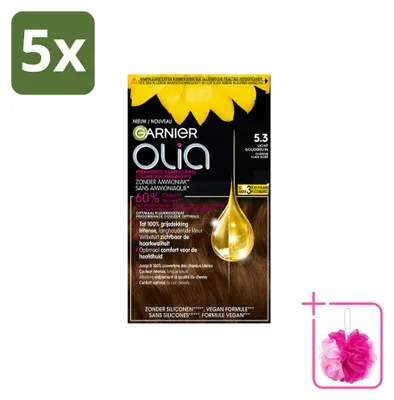 Productafbeelding van 5 x Garnier Olia 5.3 Permanente Haarkleuring, lichtgoudbruin, zonder ammonia - voordeelverpakking - 5 stuks