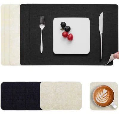 Productafbeelding van Tafelsets, vaatwasmachinebestendig, antislip, kunstleer, crèmekleurig, zwart, set van 6