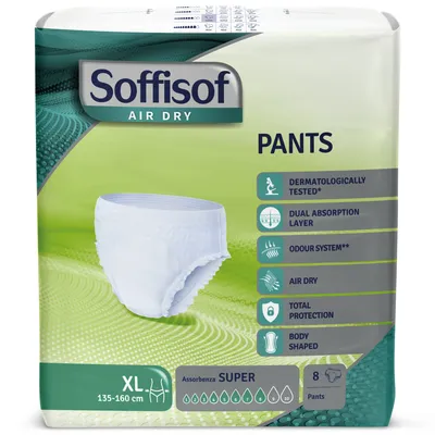 Zdjęcie produktu dla Soffisof Pants Super XL – 8× majtki chłonne – 8 kropel – rozmiar XL (130–160 cm) – pakowane osobno