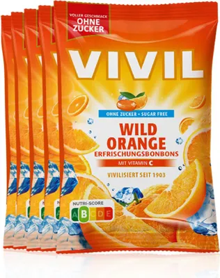 Produktbild von VIVIL Wild Orange Erfrischungsbonbons ohne Zucker | 5 Beutel x 120g