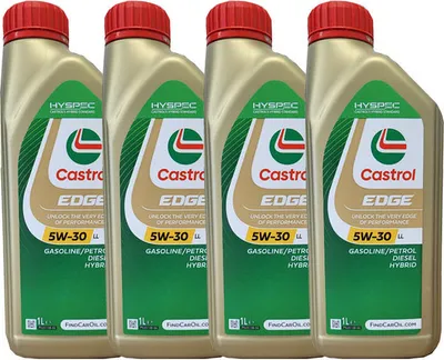 Four bottles of Castrol Edge 5W-30 LL motor oil are displayed side-by-side against a white background.
