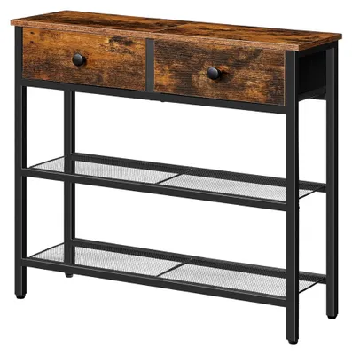 Produktbild von Schmaler Konsolentisch, 75 cm Flurtisch mit Schublade und 2 Ablagefächern, Beistelltisch, kleiner Ausstellungstisch, Sofatisch, Eingang, Flur, Vintagebraun-Schwarz