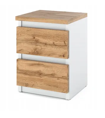 A white and wood-grain nightstand with two drawers, shown against a white background.