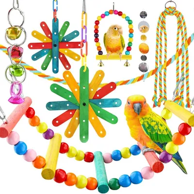 Produktbild von 8 Stück Vogelspielzeug Set mit Glöckchen für Papageien Sittiche Nymphensittiche aus Naturholz