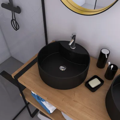 Immagine prodotto di Mobiletta per lavabo, rotonda, in Vetroceramica, nera, diametro 41 cm, altezza 15 cm