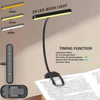 Produktbild von Ladbarer Leselampe mit 25 integrierten LED-Lampen, Clip-Befestigung und 3 Farben, für Lesetische, Musikblätter und Bücher, mit USB-C-Datenkabel.