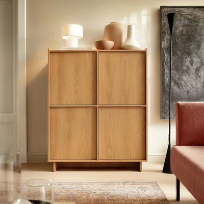 Productafbeelding van Hoge commode SUNA, 98 cm hoog, kast in caramel eikenhout, met 4 deuren met push-to-open mechanisme