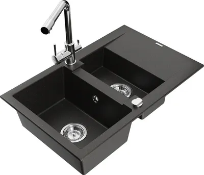 Produktbild von Mexen Gaspar 1,5-Becken-Granitspüle mit Abtropffläche und Mischbatterie Duero, Schwarz/Gold metallisch - 6507-75-671600-00
