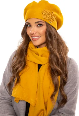 Produktbild von Vivisence damen baskenmütze eleganter wintermütze und schal set warm kopfbedeckung und halsbedeckung an winter und herbst warm dick, winterset für frauen, hergestellt in der eu, honig, einheitsgröße