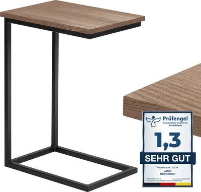 Produktbild von LAMO Manufaktur Beistelltisch | Laptoptisch | Sofatisch | mobiler Kaffeetisch | Nachttisch | 45x30x60 cm | Gestell Schwarz | 100% Echtholz Massiv Platte farbe: Nussbaum
