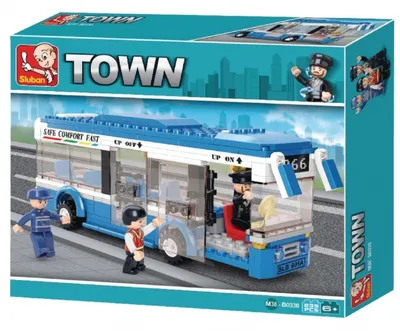 The image shows the packaging of a Sluban building block set depicting a city bus.