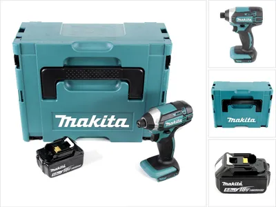A collage of images showing a Makita impact driver, its case, and a battery.