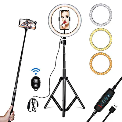 Produktbild von 26 cm (10 Zoll) Ringlicht, LED-Zusatzlicht, faltbares Ringlicht für Fotografie, Livestream, Make-up, YouTube-Videos, inklusive Stativ und Fernauslöser