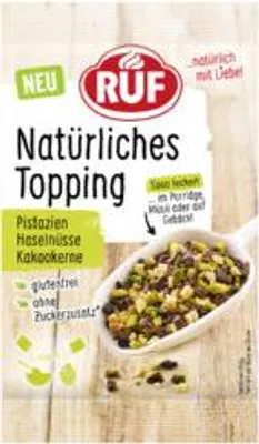 Produktbild von RUF Natürliches Topping Pistazien, Haselnüsse, Kakaokerne 30g