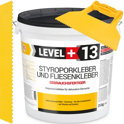 Obrázok produktu pre Súprava lepidla na polystyrén 25 kg Biele dekoračné lepidlo na dlaždice LEVEL+13 a plastová stierka s trojuholníkovým hrotom 5 mm