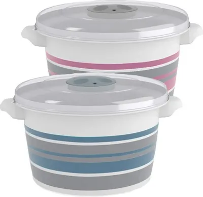 Produktbild von Centi Kunststoff Mikrowellendose weiß mit Streifen pastellfarben 16,5 x 11 cm ca. 1,5 Liter
