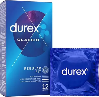 A box of Durex Classic condoms and one individual condom wrapper.