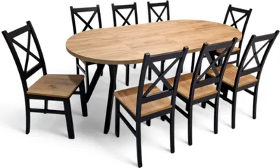Produktbild von Runder ausziehbarer Esstisch Giuseppe Ø100 (150/200 cm) + 8 Stühle Sofia – elegantes Esszimmer-Set, Holz, Eiche Craft Gold