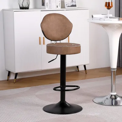 Zdjęcie produktu dla Zestaw dwóch taboretów barowych, obrotowych, z oparciem, z regulowaną wysokością, obity sztuczną skórą, styl Mid-Century Vintage, kolor brązowy