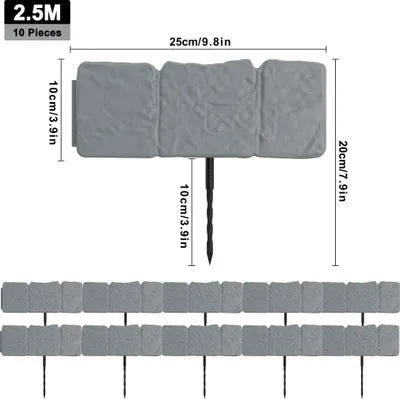 Image de TRMLBE Bordure de pelouse plastique 2,5 m Bordure de pelouse avec clous, bordure de pelouse imitation pierre, bordure de tonte naturelle 25x10cm/pièce Palissade de jardin, 10 pièces (Gris)