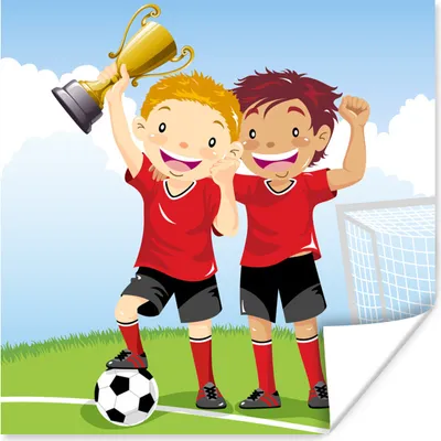 Produktbild von MuchoWow® Poster Eine Illustration von zwei Fußballspielern, die einen Preis gewonnen haben - Jungen - Mädchen - Kind 50x50 cm - Wohnzimmerdekoration